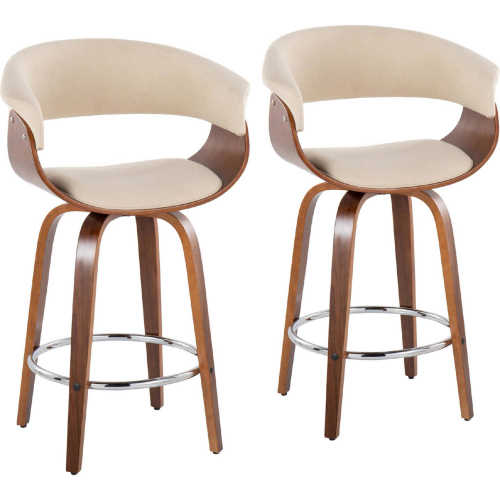 Vintage Mod 26" Swivel Counter Stool in Walnut Wood & Cream Fabric w/ Chrome Footrest (Set of 2)